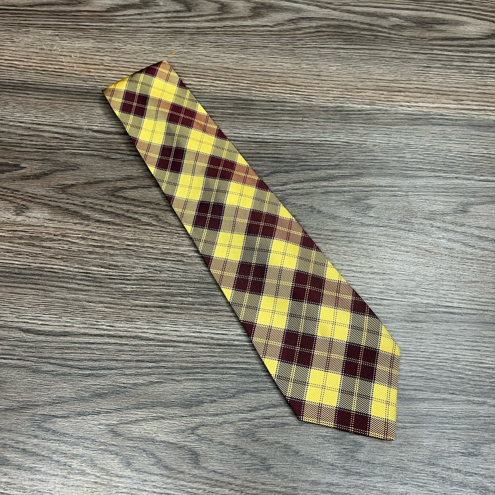 Trillion Gold, Maroon & Blue Plaid Silk Tie